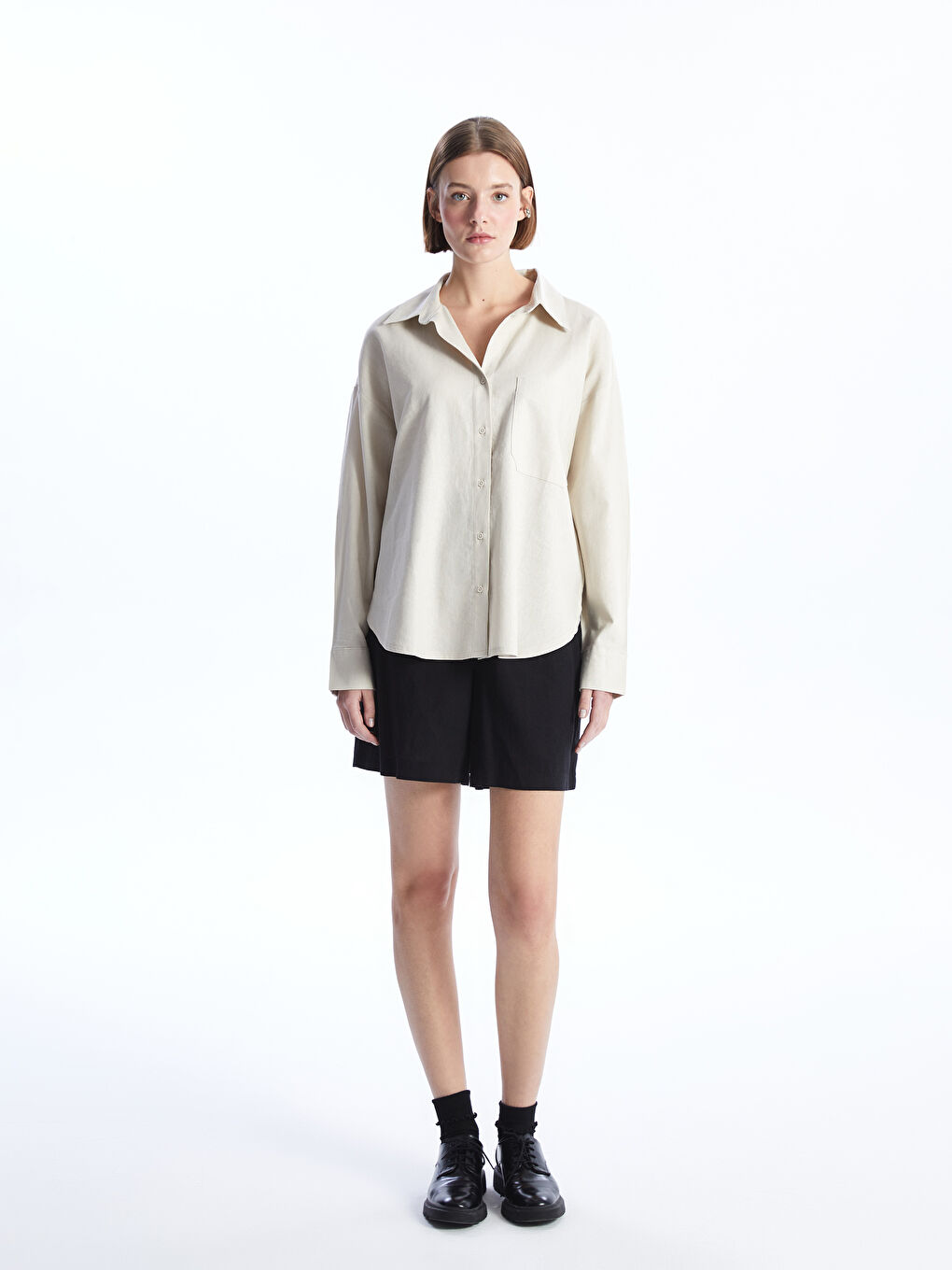 Pembe Düz Uzun Kollu Oversize Keten Karışımlı Kadın Gömlek-1