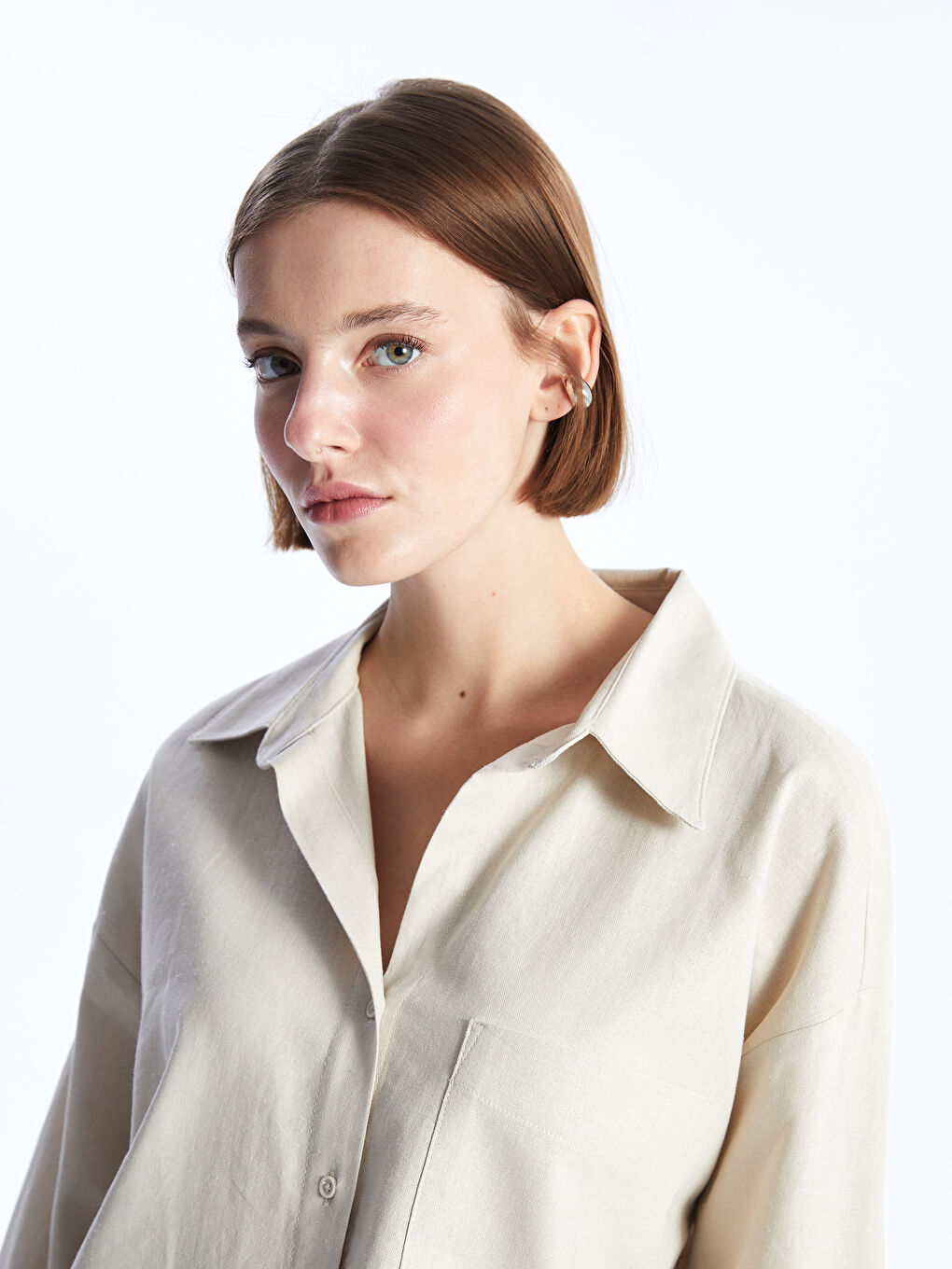 Pembe Düz Uzun Kollu Oversize Keten Karışımlı Kadın Gömlek-2