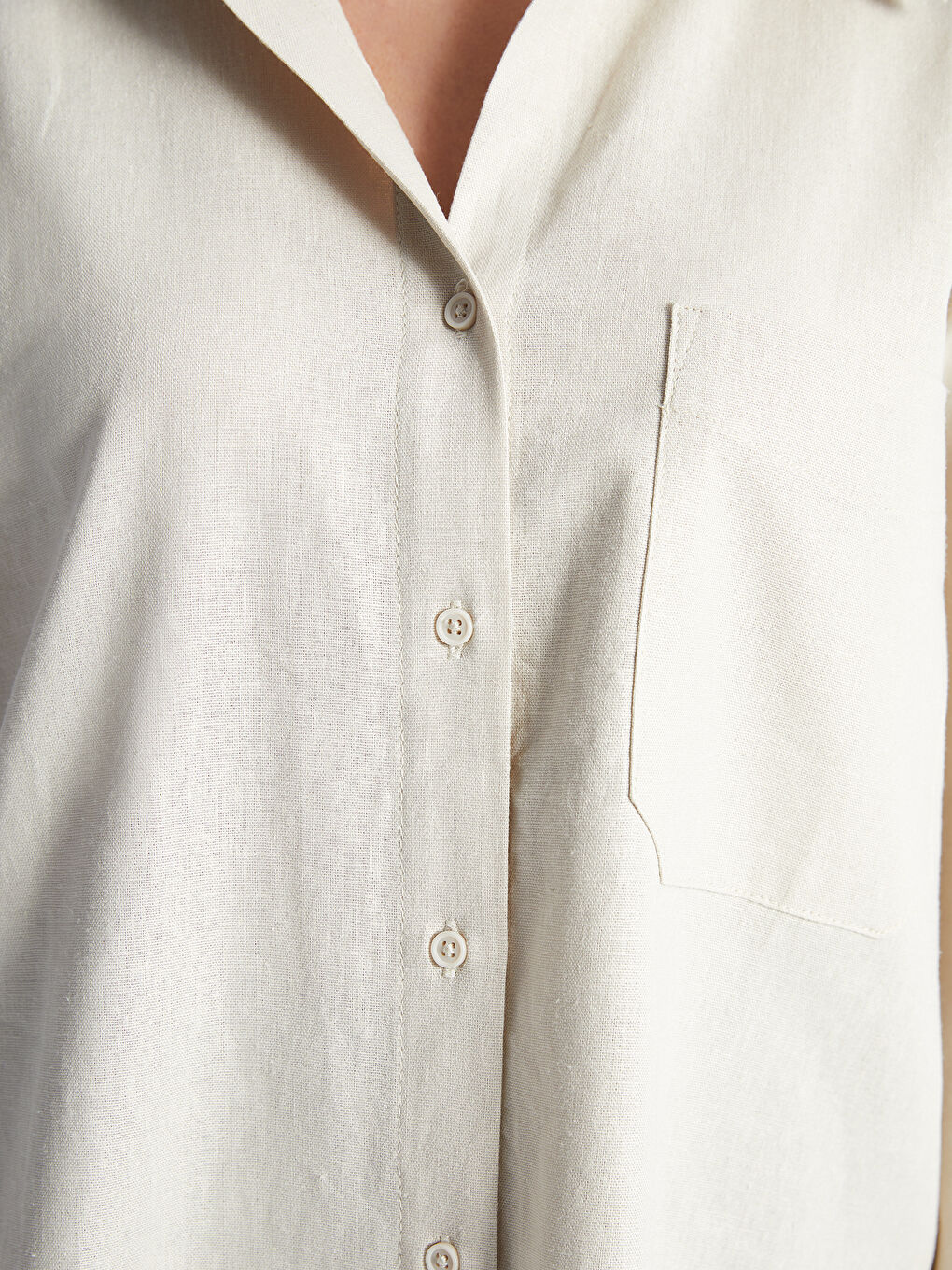 Pembe Düz Uzun Kollu Oversize Keten Karışımlı Kadın Gömlek-3