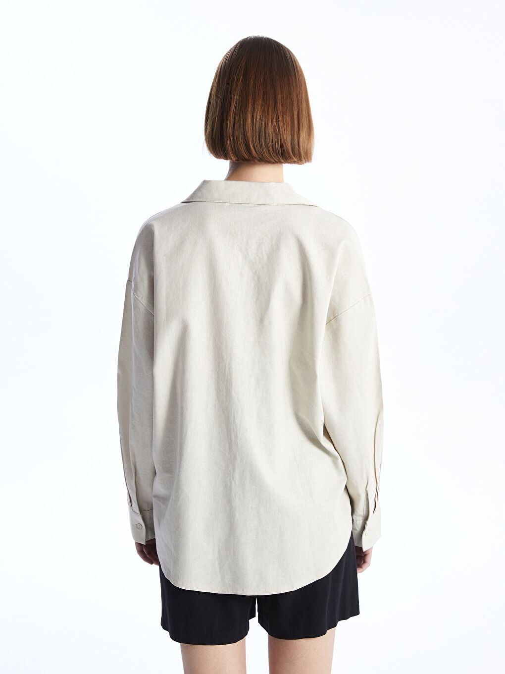 Pembe Düz Uzun Kollu Oversize Keten Karışımlı Kadın Gömlek-4