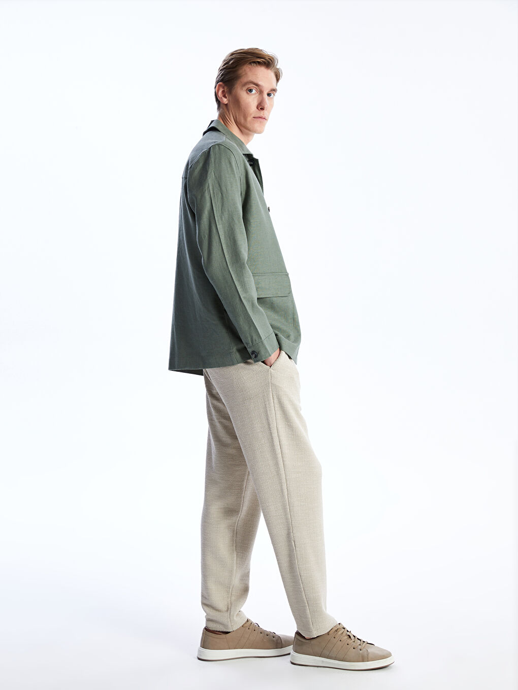 Bej Standart Kalıp Erkek Dokulu Pantolon