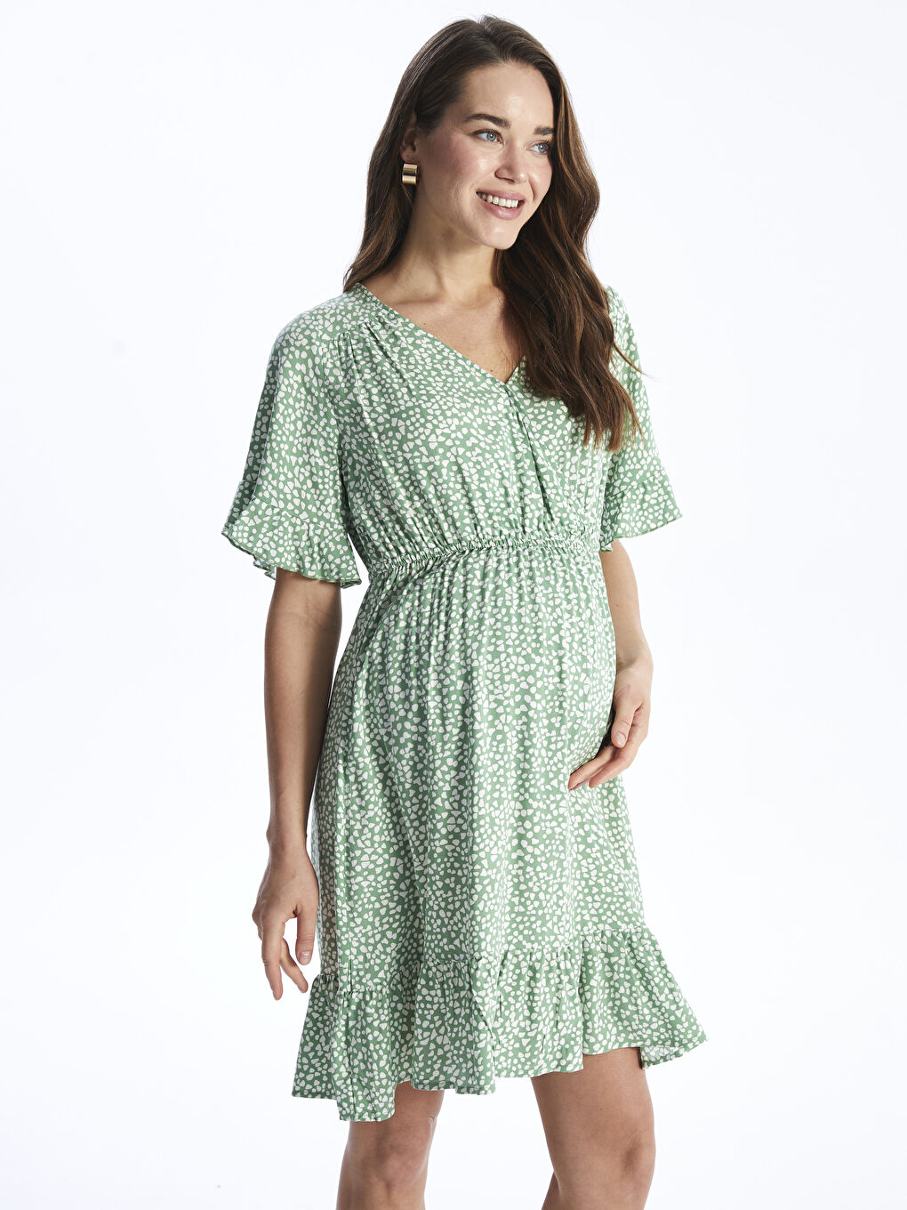 Двубортный воротник узорчатое платье с коротким рукавом для беременных-1