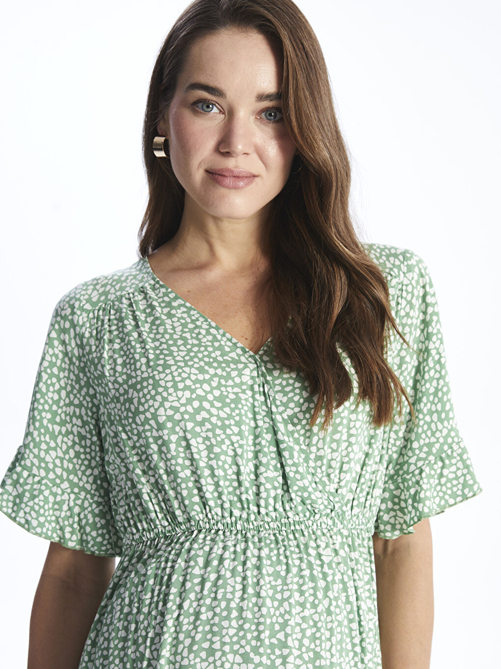 Двубортный воротник узорчатое платье с коротким рукавом для беременных-2