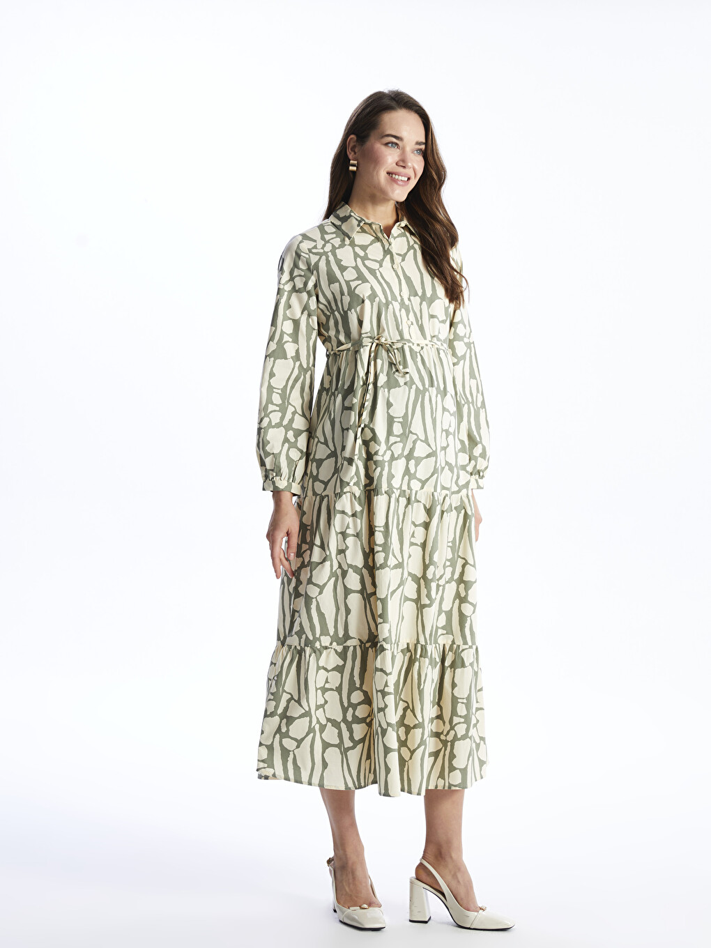 Collared Neck Patterned Long Sleeve Maternity Dress
