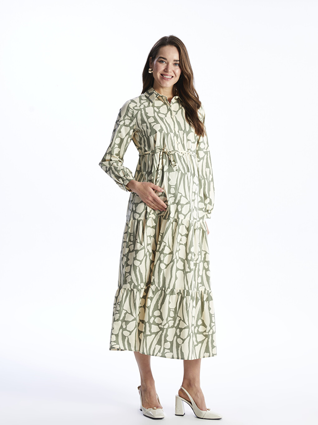 Collared Neck Patterned Long Sleeve Maternity Dress-1