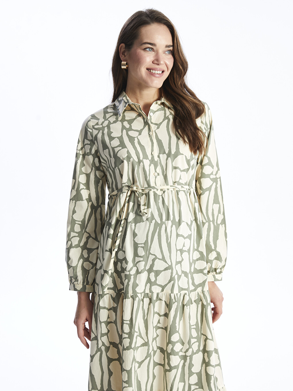 Collared Neck Patterned Long Sleeve Maternity Dress-2