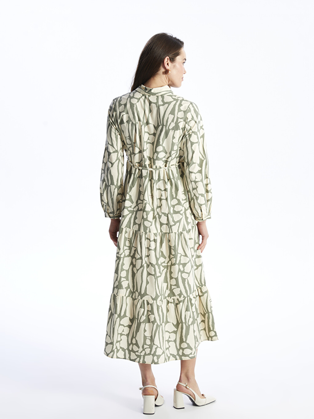 Collared Neck Patterned Long Sleeve Maternity Dress-4