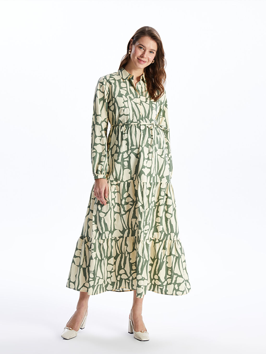 Shirt Collar Patterned Long Sleeve Maternity Dress -S40057Z8-LRR