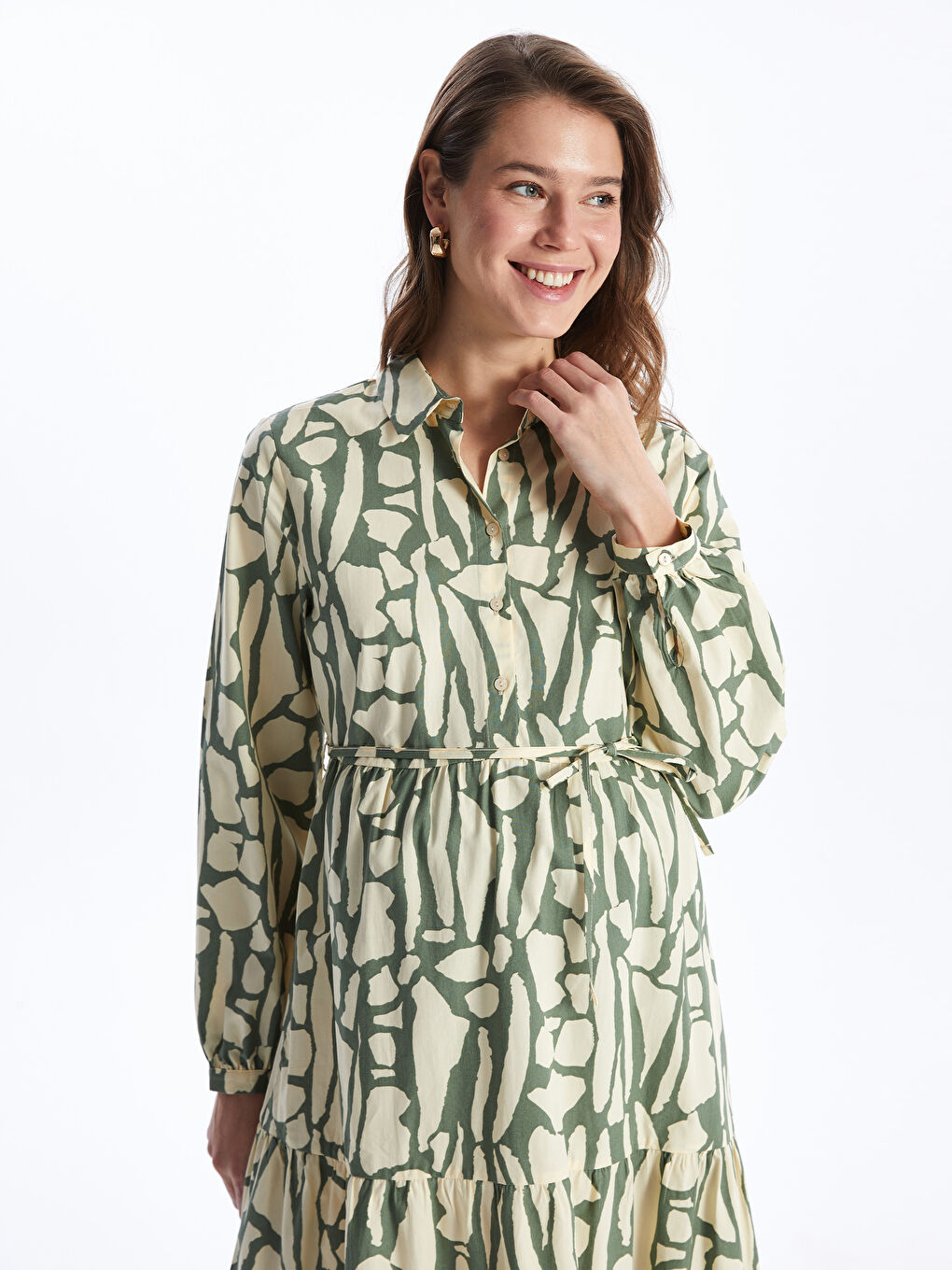 Shirt Collar Patterned Long Sleeve Maternity Dress -S40057Z8-LRR