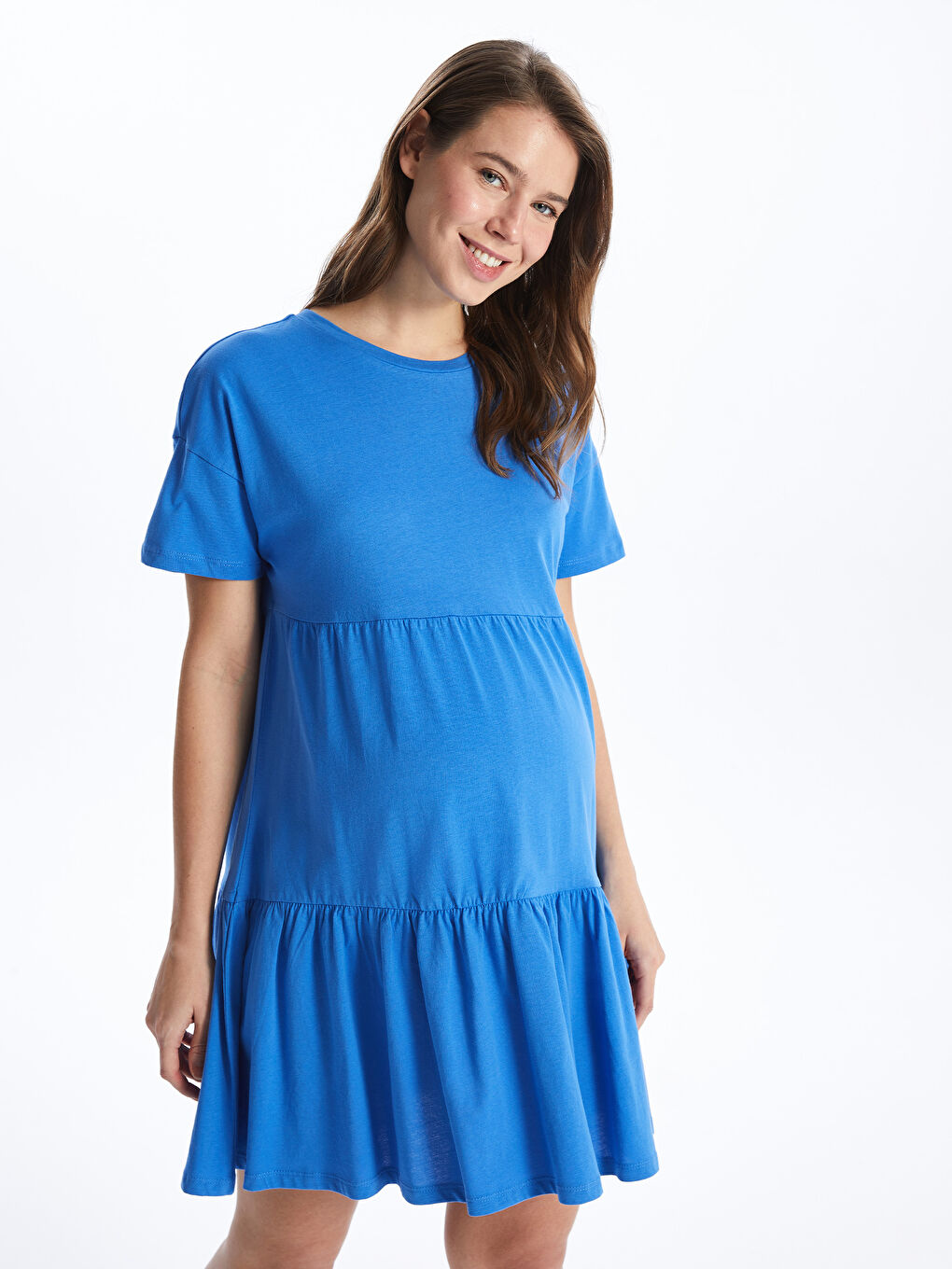 فستان حمل سادة بياقة دائرية وكم قصير