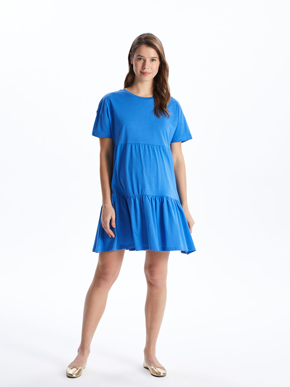 فستان حمل سادة بياقة دائرية وكم قصير-2