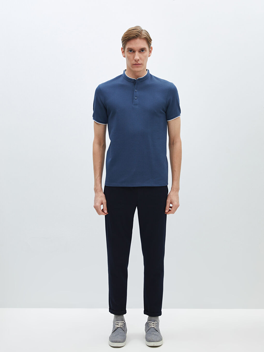 İndigo Hakim Yaka Kısa Kollu Erkek Dokulu Tişört-3