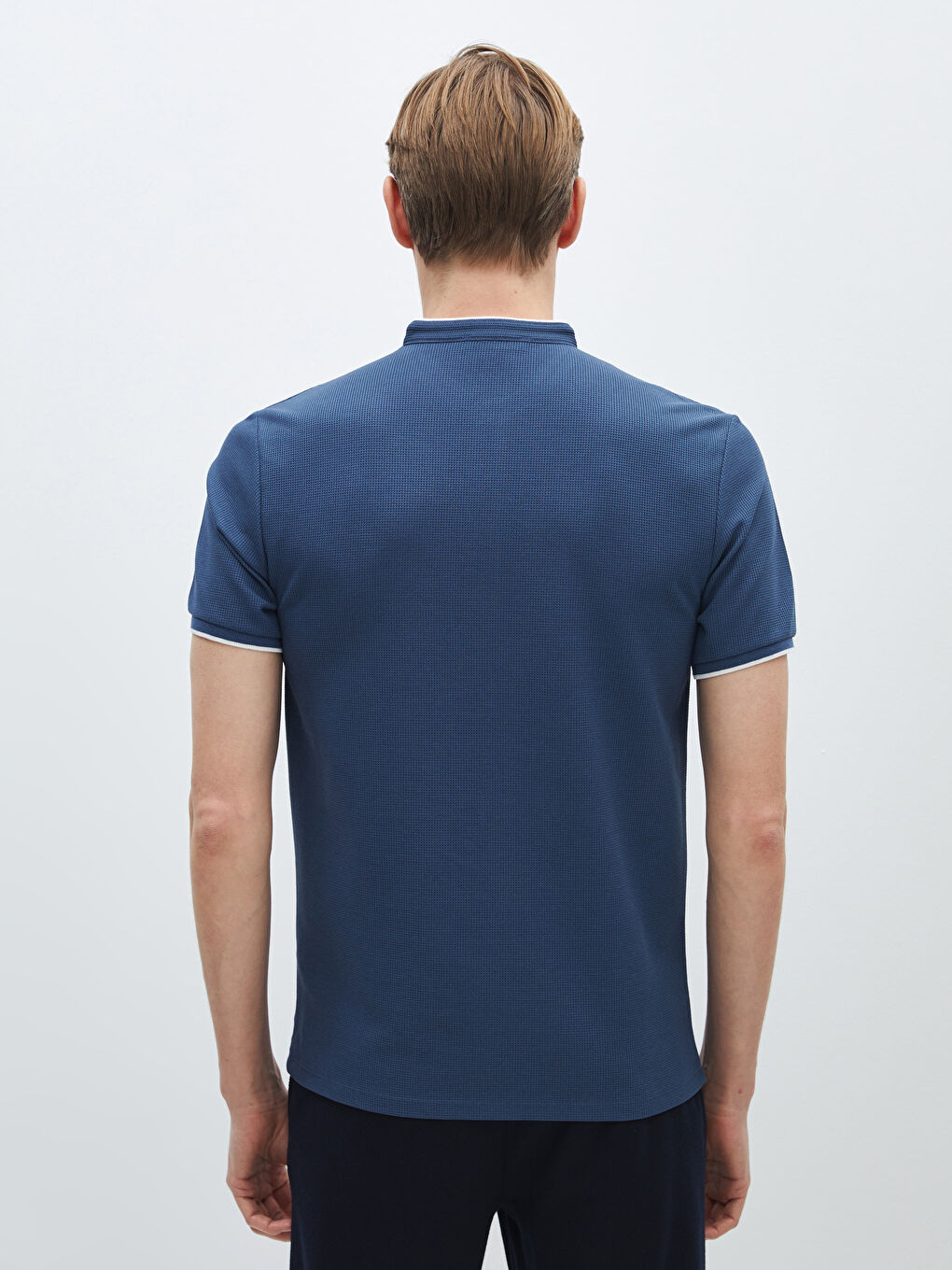 İndigo Hakim Yaka Kısa Kollu Erkek Dokulu Tişört-4