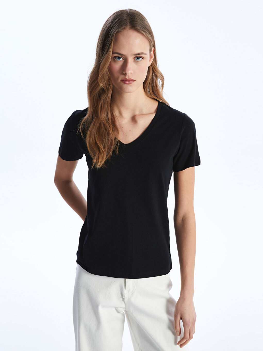 V Neck Straight Short Sleeve Women T-Shirt -S40213Z8-CVL