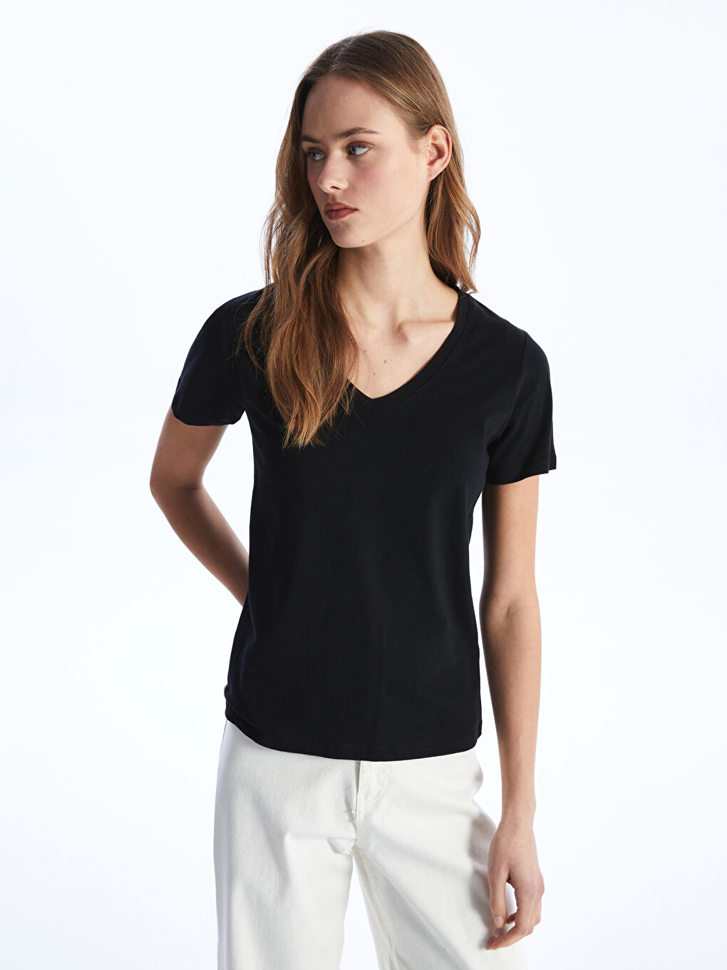 V Neck Straight Short Sleeve Women T-Shirt -S40213Z8-CVL