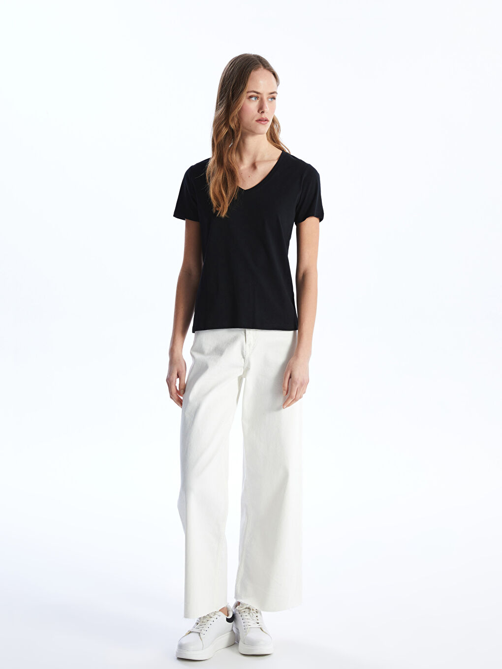 V Neck Straight Short Sleeve Women T-Shirt -S40213Z8-CVL