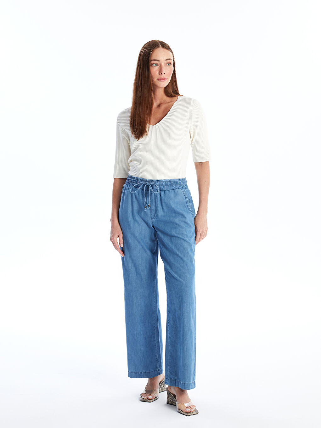 Wideleg Women's Jeans With Elastic Waist -S40250Z8-563