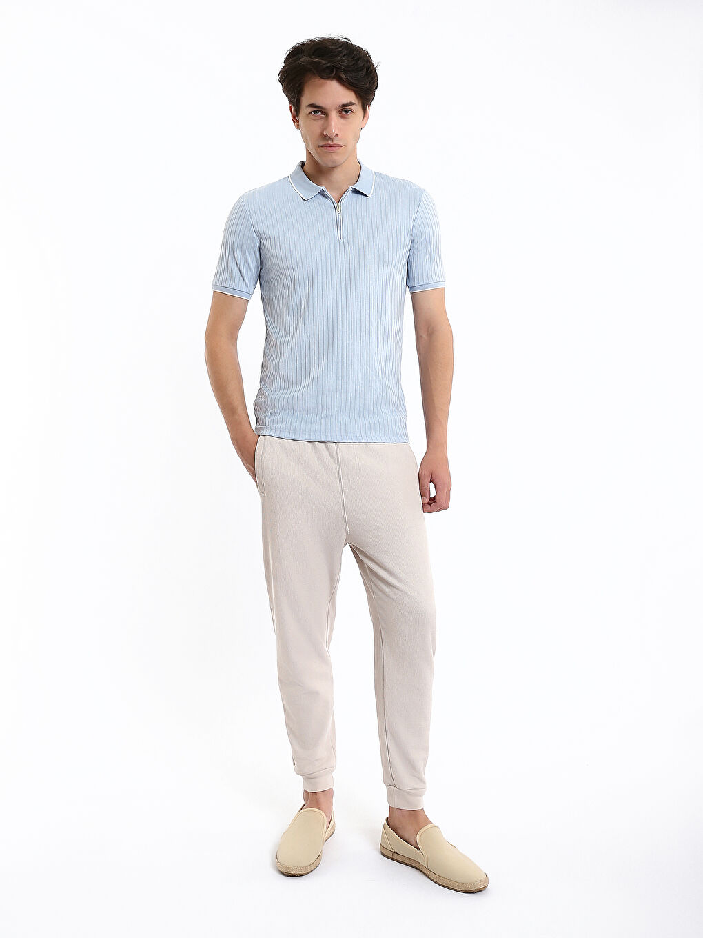 Polo Neck Short Sleeve Men's Textured T-Shirt-2