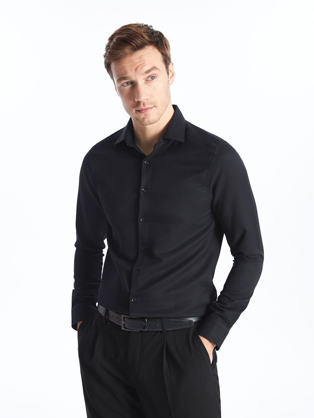 Slim Fit Long Sleeve Dobby Weave Men's Shirt -S40292Z8-RQL