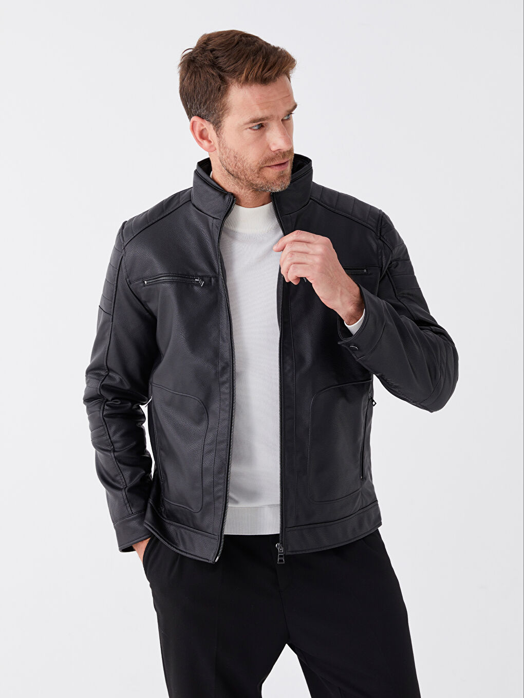 Standard Fit Collared Neck Men's Leather Look Coat -S40411Z8-CVL