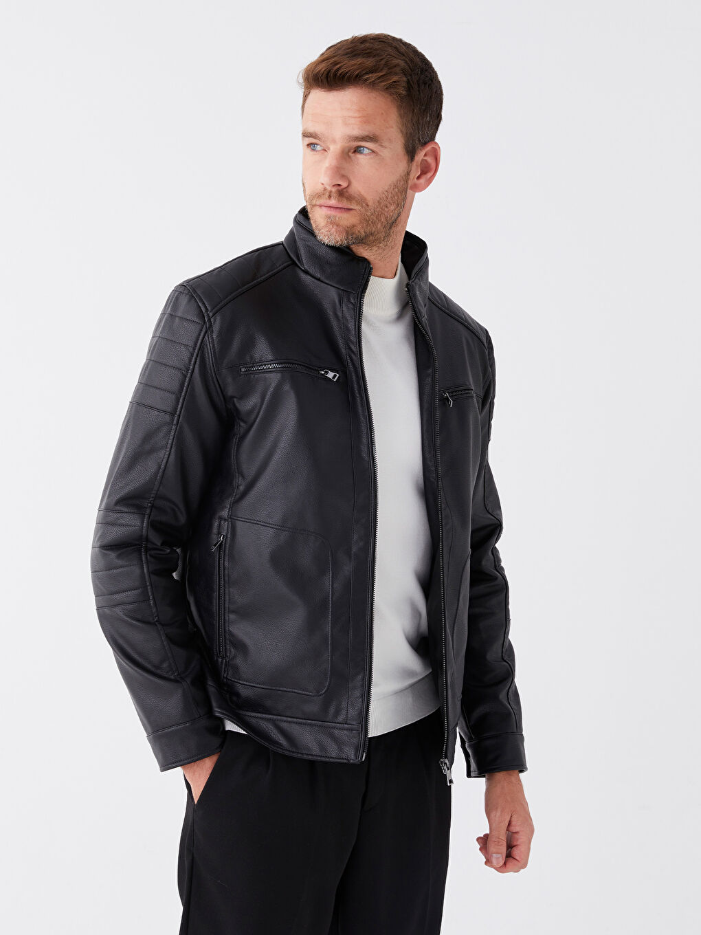 Standard Fit Collared Neck Men's Leather Look Coat -S40411Z8-CVL
