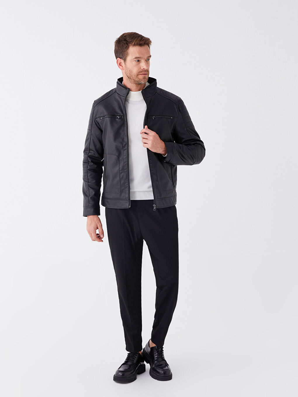 Standard Fit Collared Neck Men's Leather Look Coat -S40411Z8-CVL
