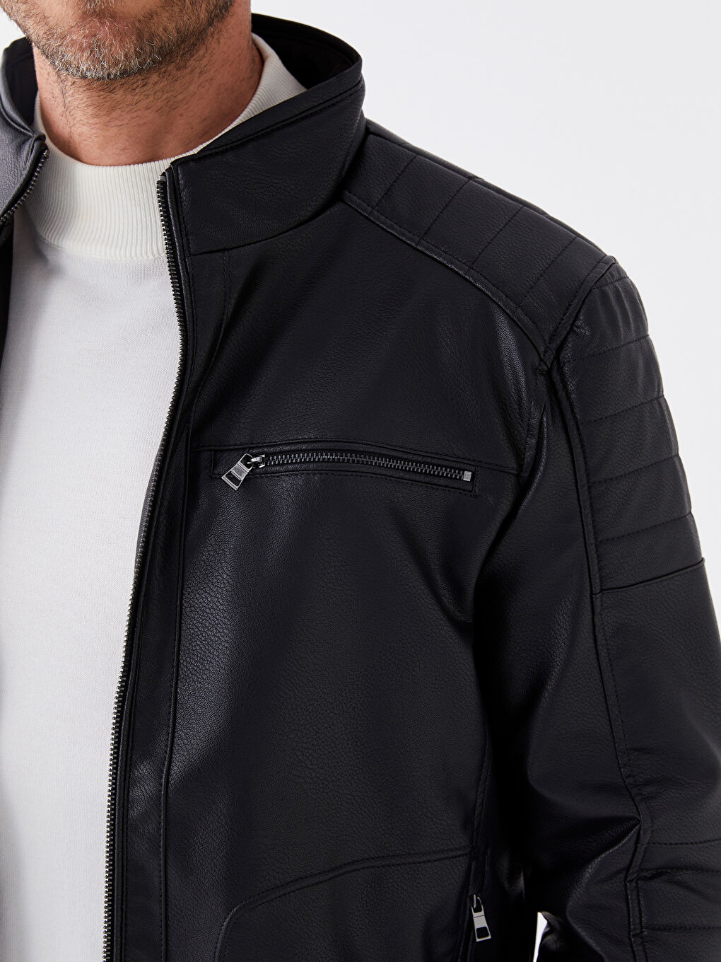 Standard Fit Collared Neck Men's Leather Look Coat -S40411Z8-CVL