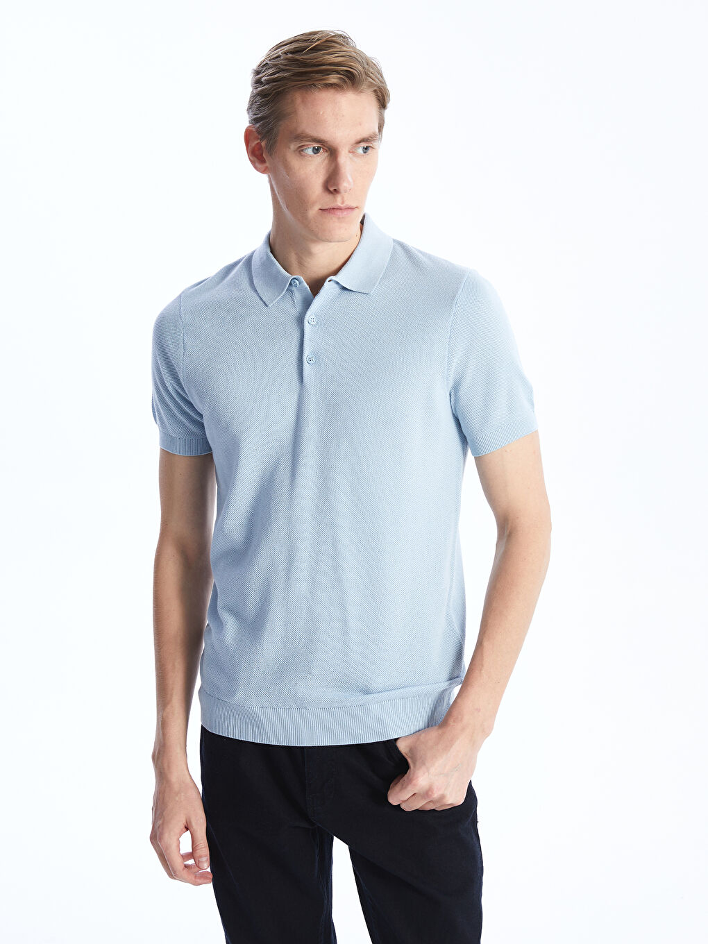 Polo Neck Short Sleeve Men's Tricot Sweater -S40457Z8-QKN