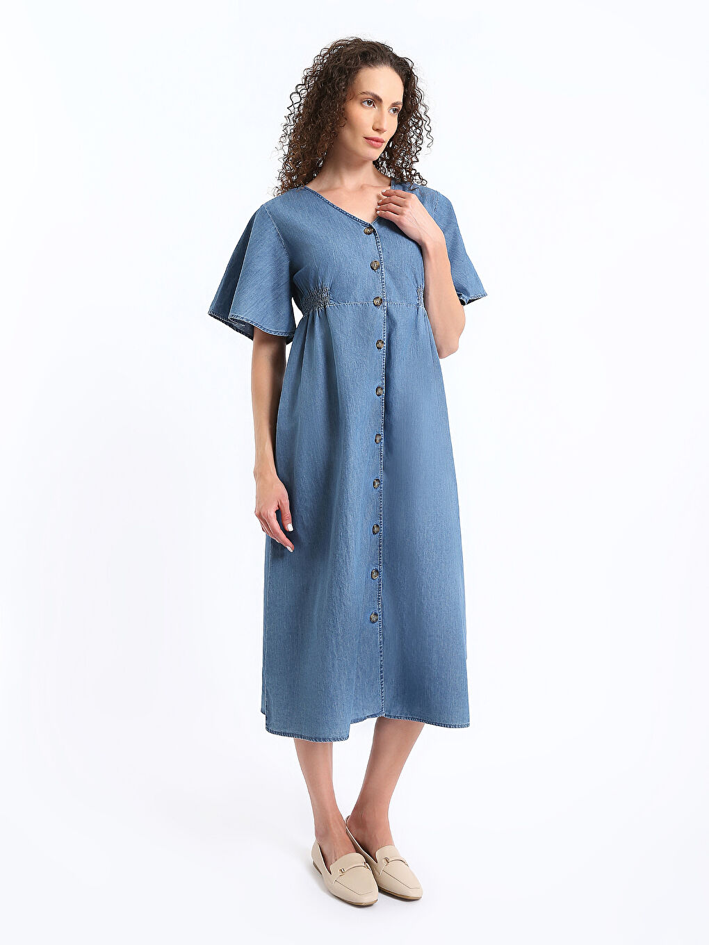 V-Neck Plain Short Sleeve Maternity Denim Dress-1