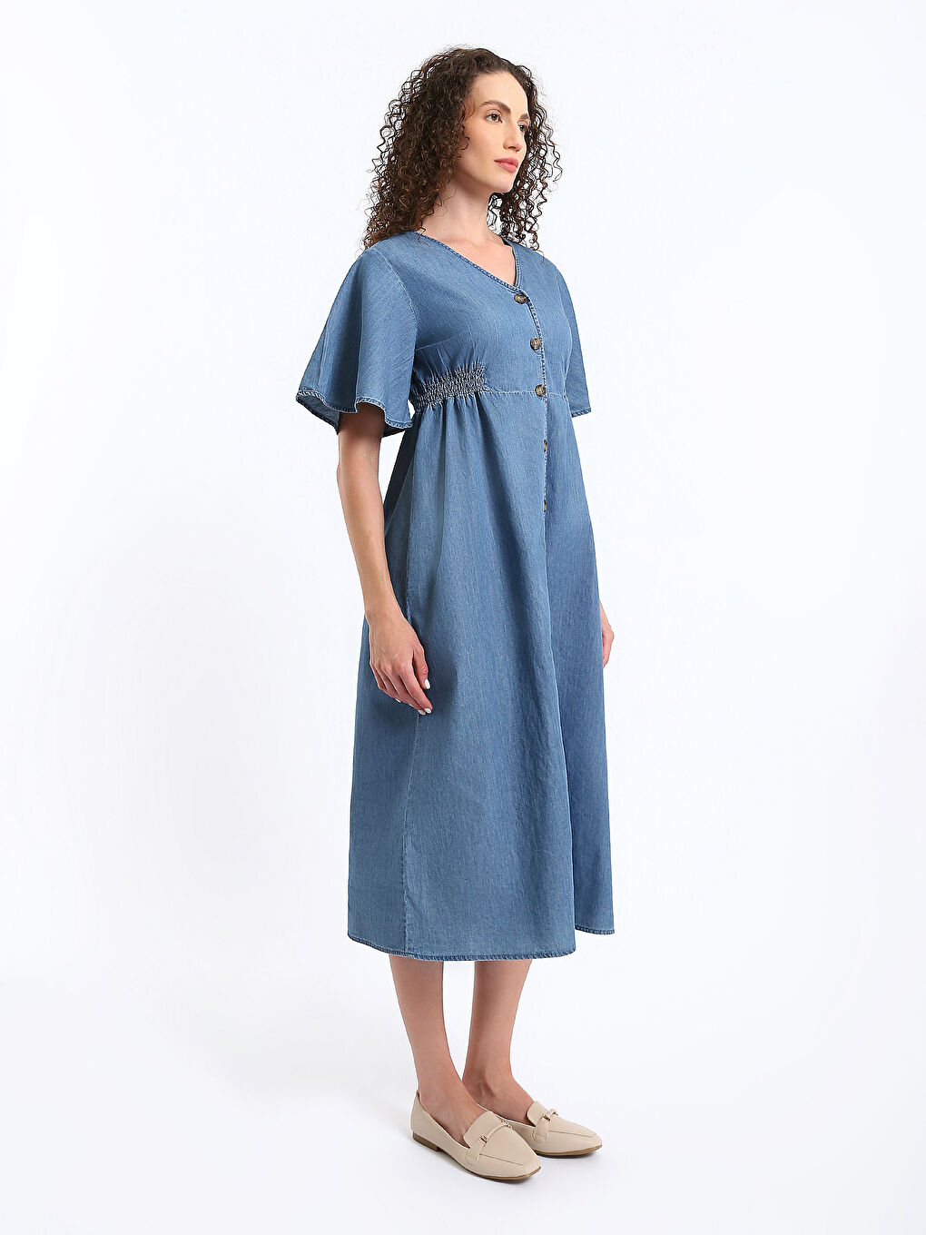 V-Neck Plain Short Sleeve Maternity Denim Dress-3
