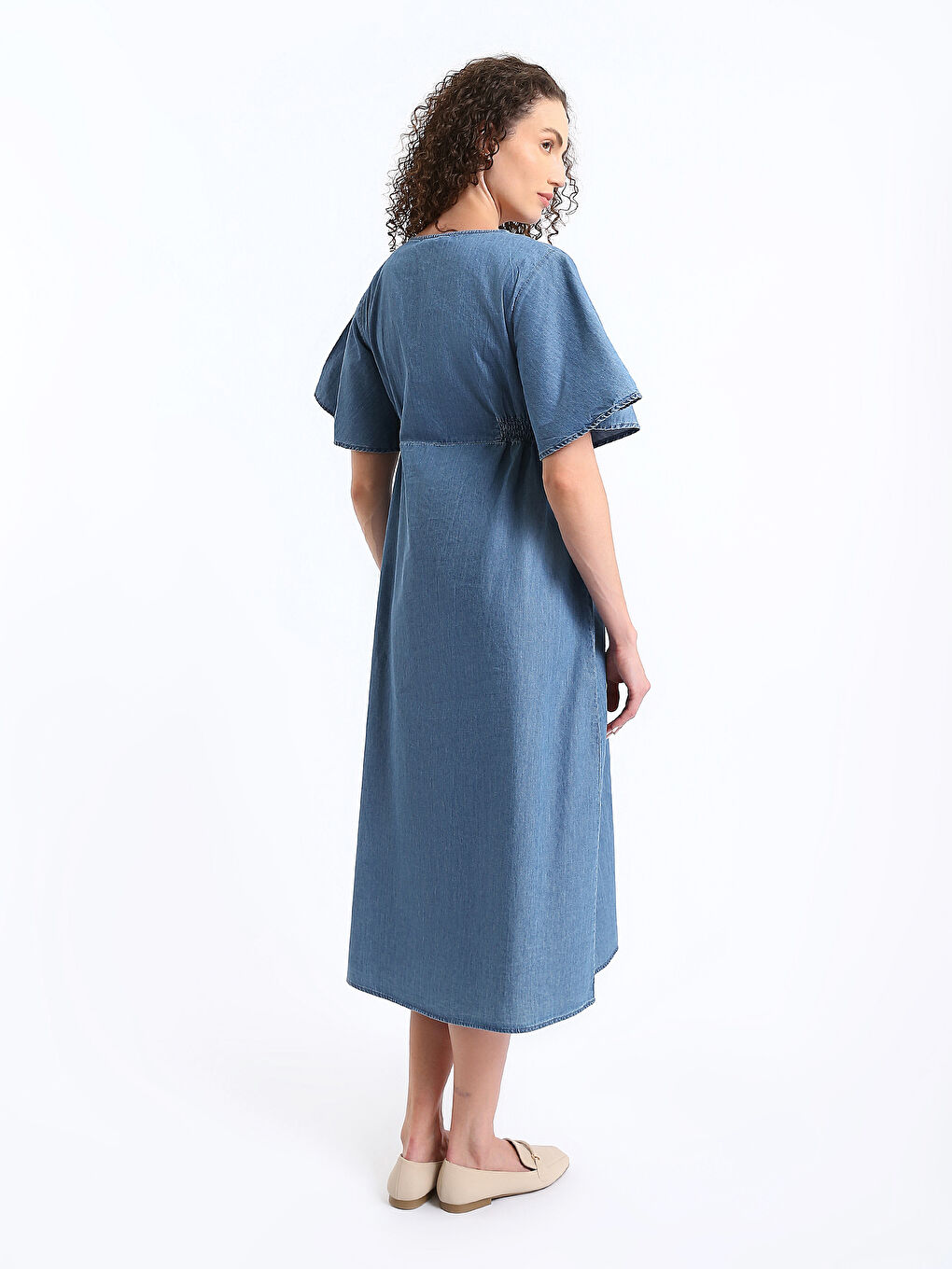 V-Neck Plain Short Sleeve Maternity Denim Dress-4