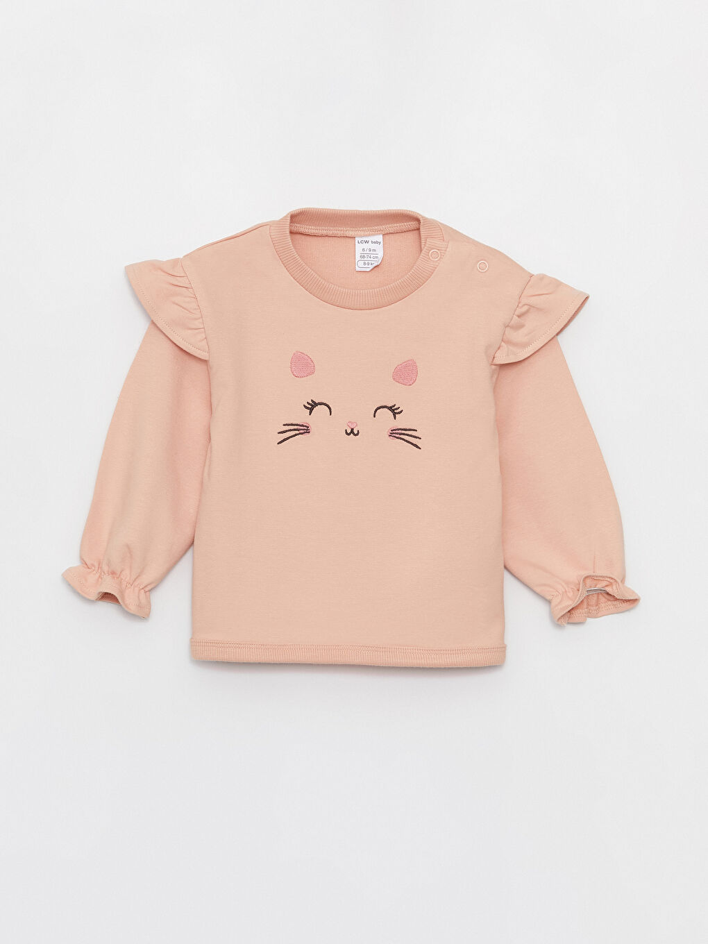 Pembe Bisiklet Yaka Uzun Kollu Nakışlı Kız Bebek Tişört