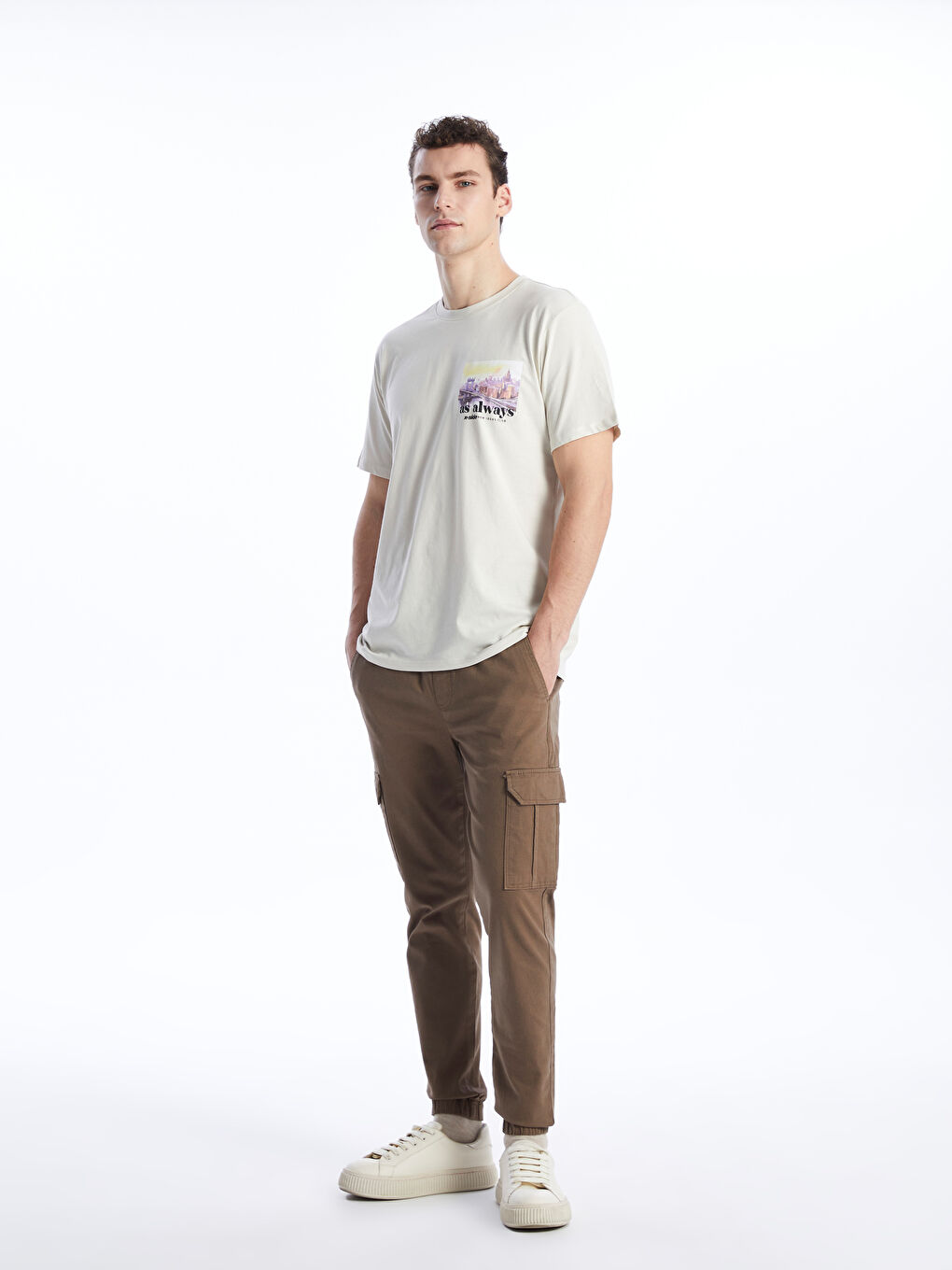 Kahverengi Slim Fit Gabardin Erkek Kargo Pantolon-1