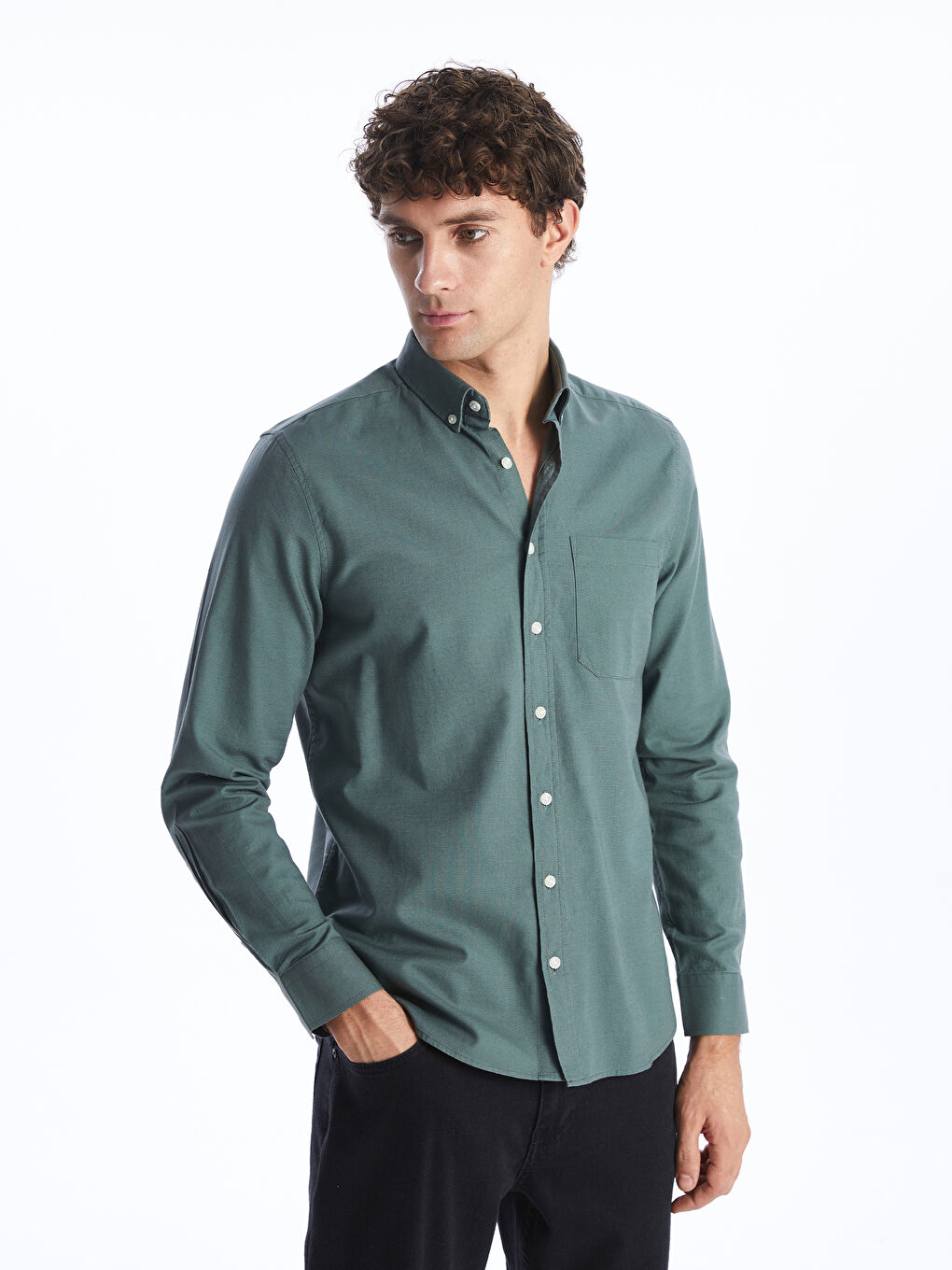 Yeşil Regular Fit Uzun Kollu Oxford Erkek Gömlek