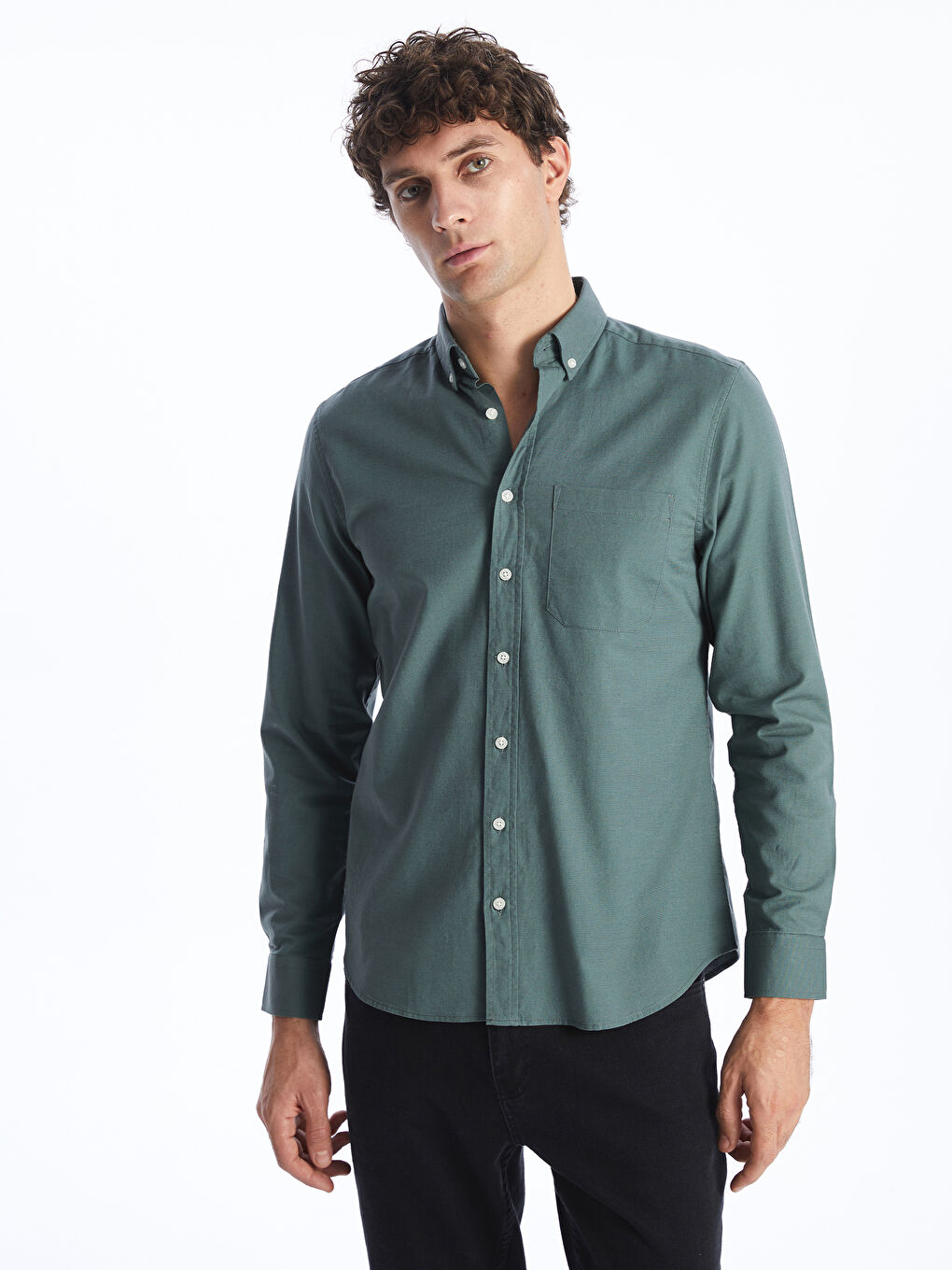 Yeşil Regular Fit Uzun Kollu Oxford Erkek Gömlek-1