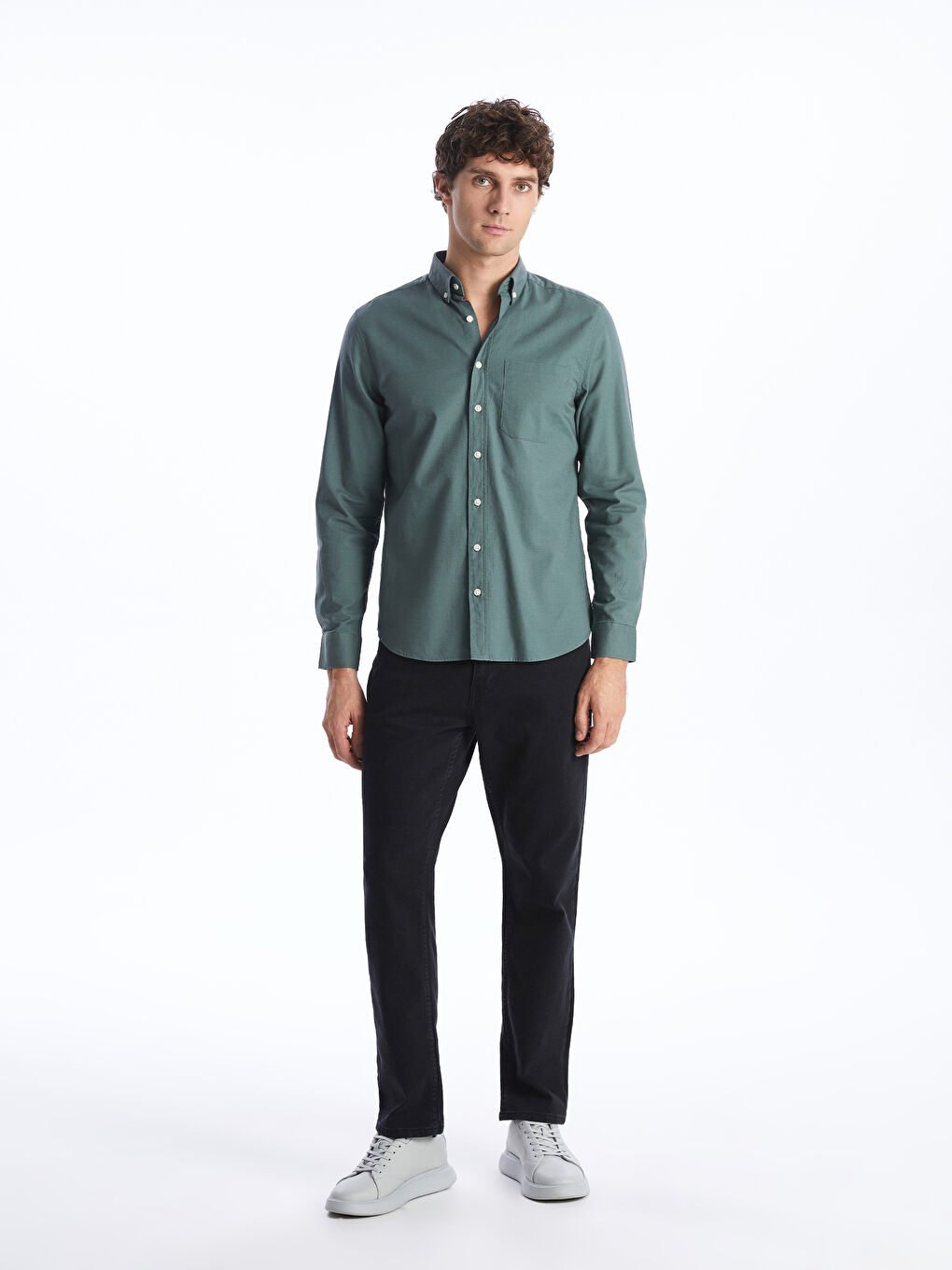 Yeşil Regular Fit Uzun Kollu Oxford Erkek Gömlek-2