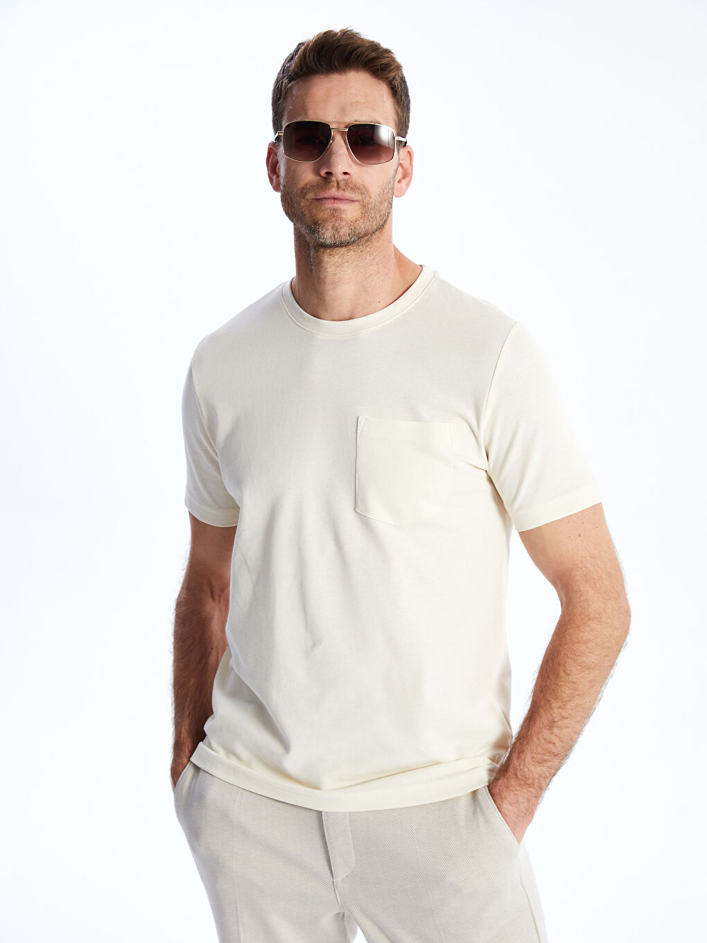 Ekru Bisiklet Yaka Penye Erkek Tişört