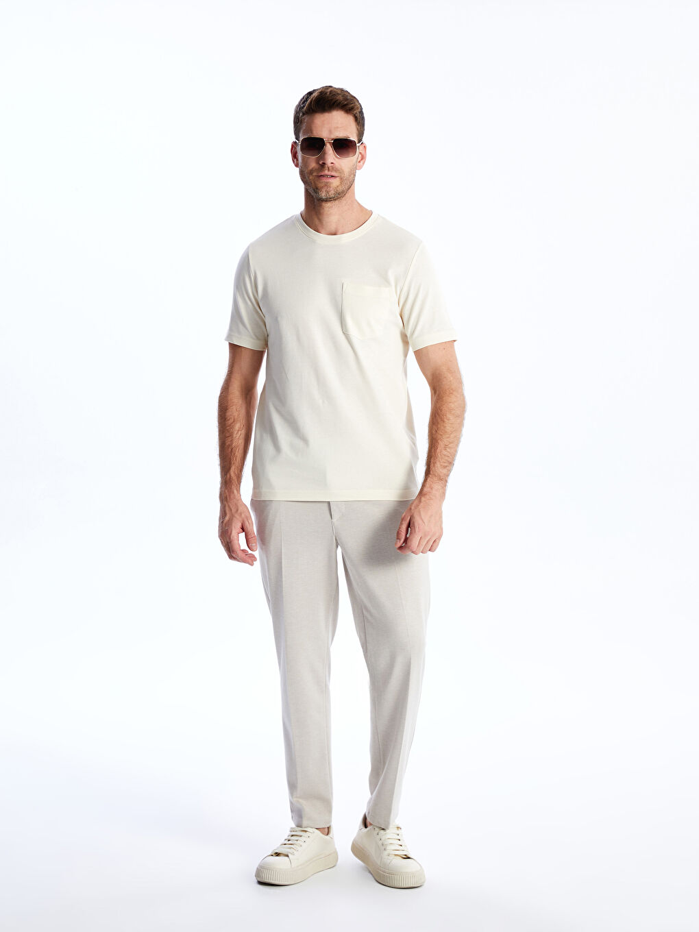 Ekru Bisiklet Yaka Penye Erkek Tişört-2