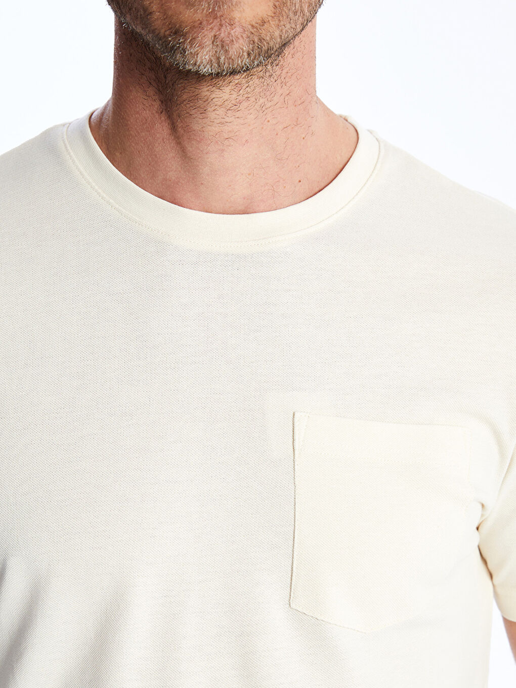 Ekru Bisiklet Yaka Penye Erkek Tişört-3