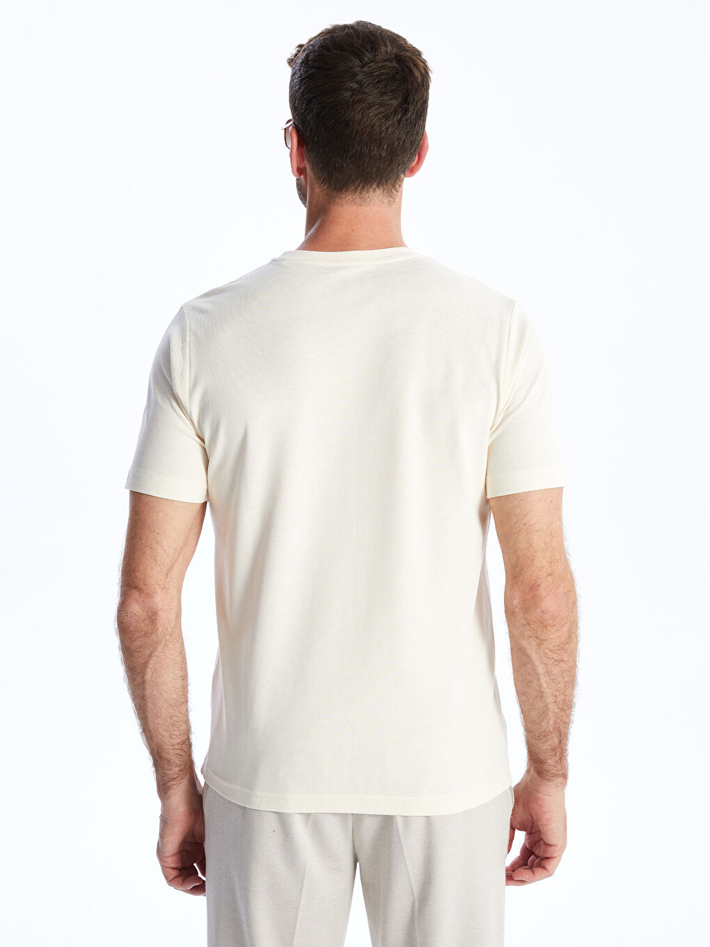 Ekru Bisiklet Yaka Penye Erkek Tişört-4