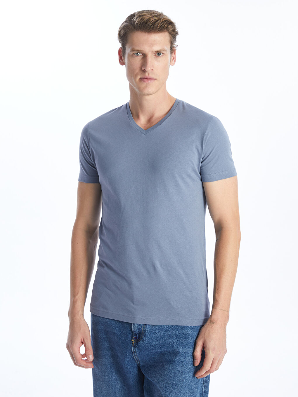 تيشيرت ياقة V كم قصير للرجال-3