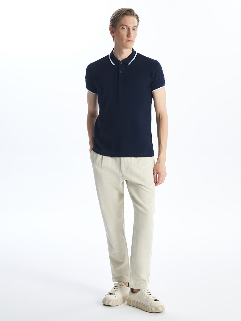 Lacivert Polo Yaka Kısa Kollu Pike Erkek Tişört-2