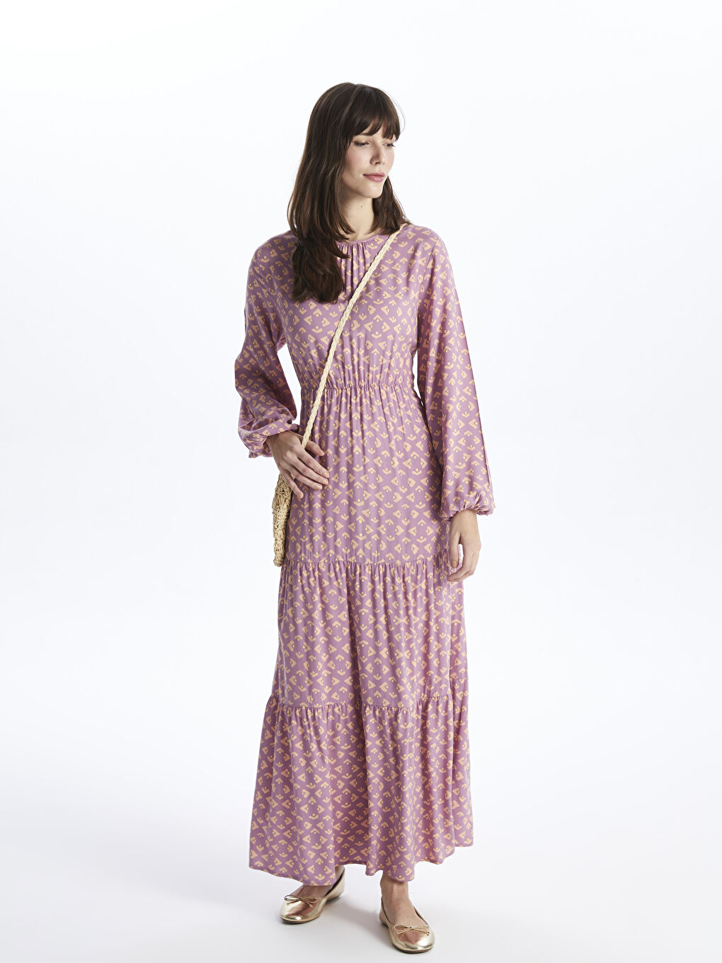 Crew Neck Patterned Long Sleeve Women's Dress