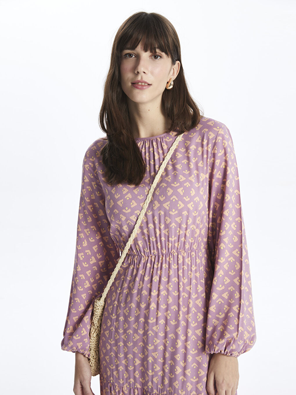 Crew Neck Patterned Long Sleeve Women's Dress-3