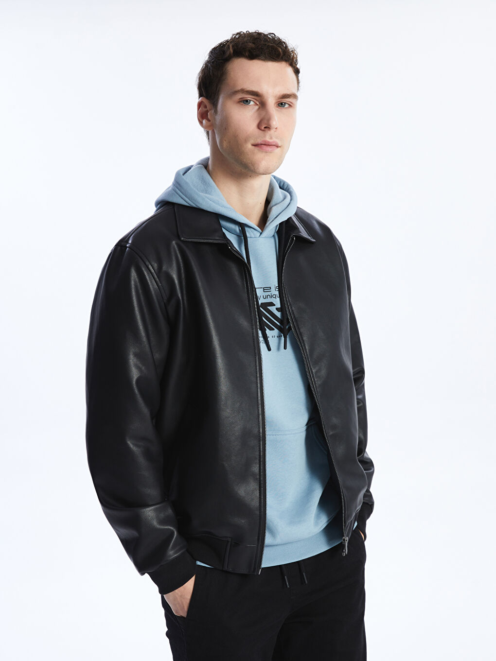 Standard Fit Collared Neck Men's Leather Look Coat -S41161Z8-CVL