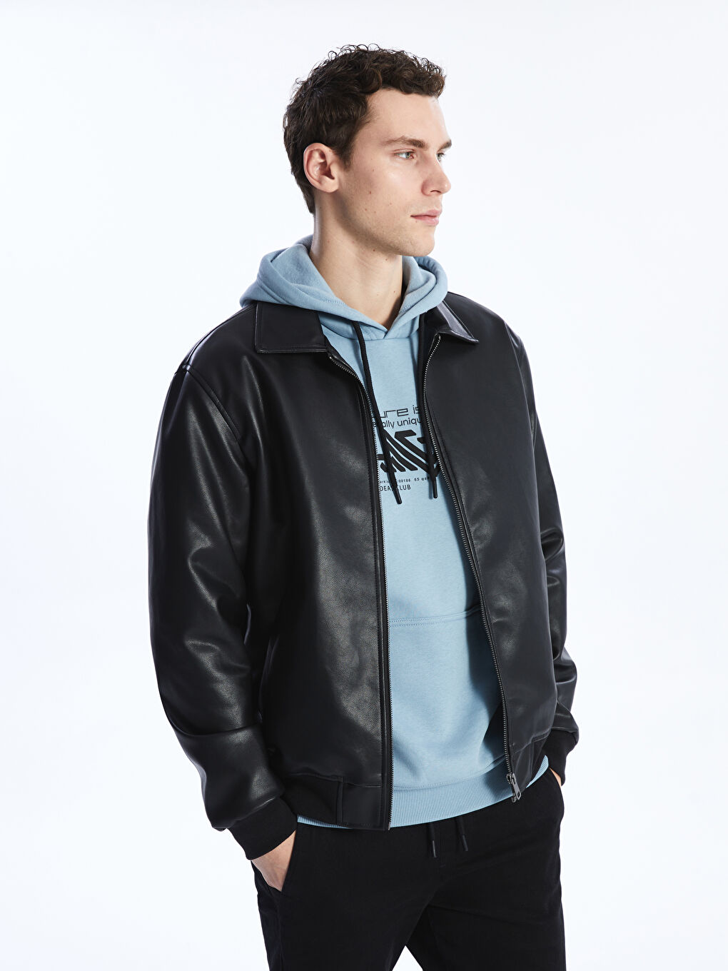 Standard Fit Collared Neck Men's Leather Look Coat -S41162Z8-CVL