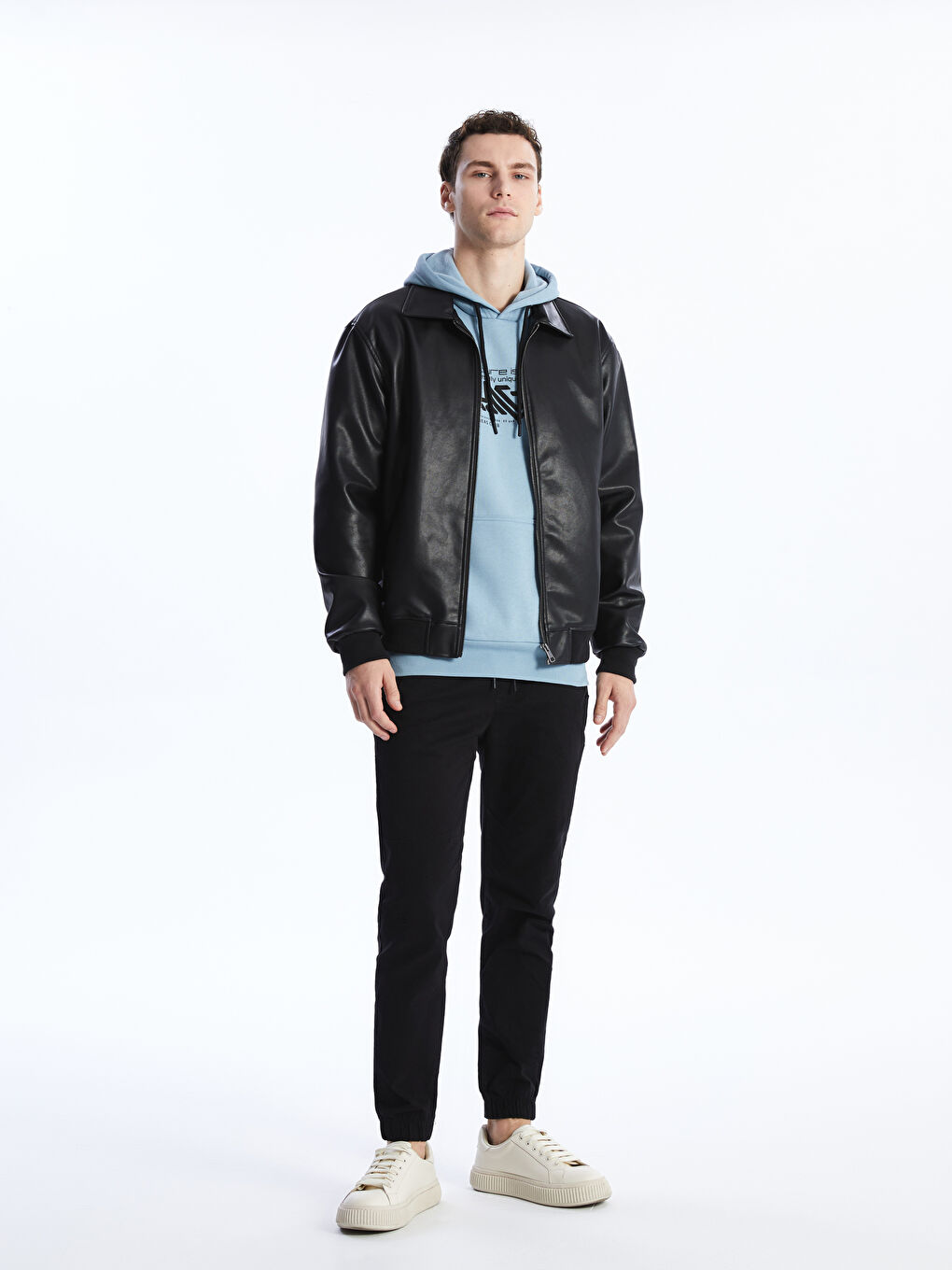 Standard Fit Collared Neck Men's Leather Look Coat -S41162Z8-CVL