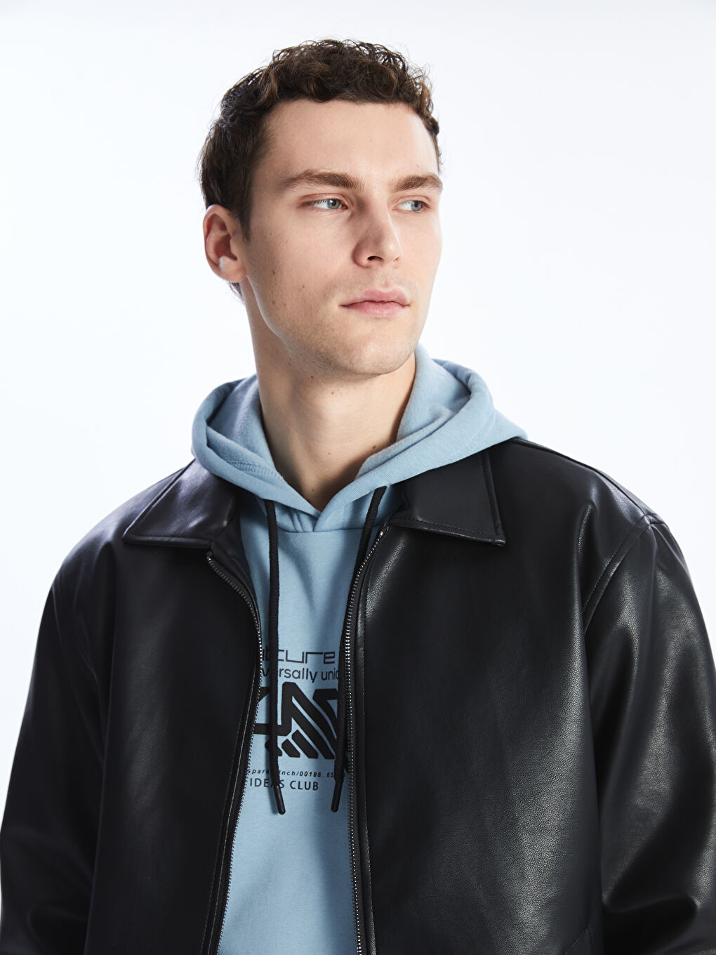 Standard Fit Collared Neck Men's Leather Look Coat -S41162Z8-CVL