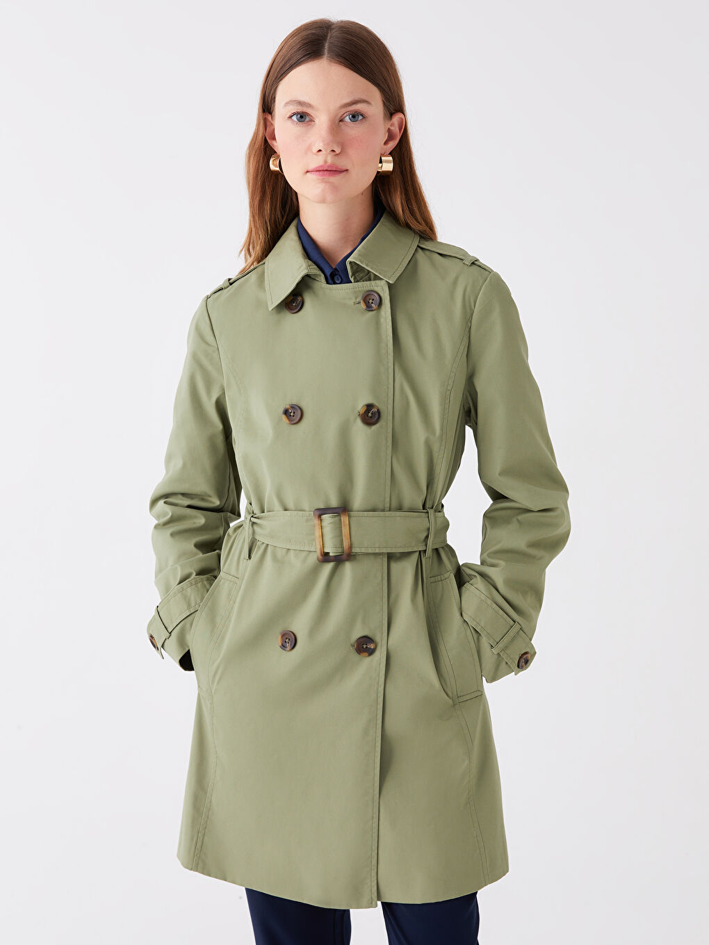 Women's Jacket Collar Plain Trench Coat -S41184Z8-GUY