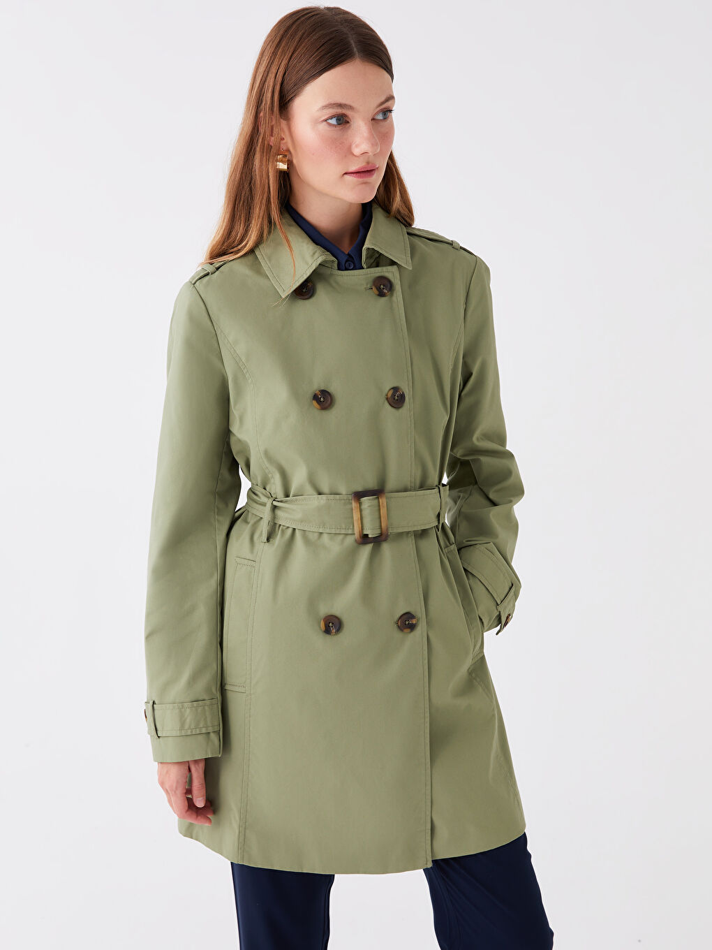 Women's Jacket Collar Plain Trench Coat -S41184Z8-GUY